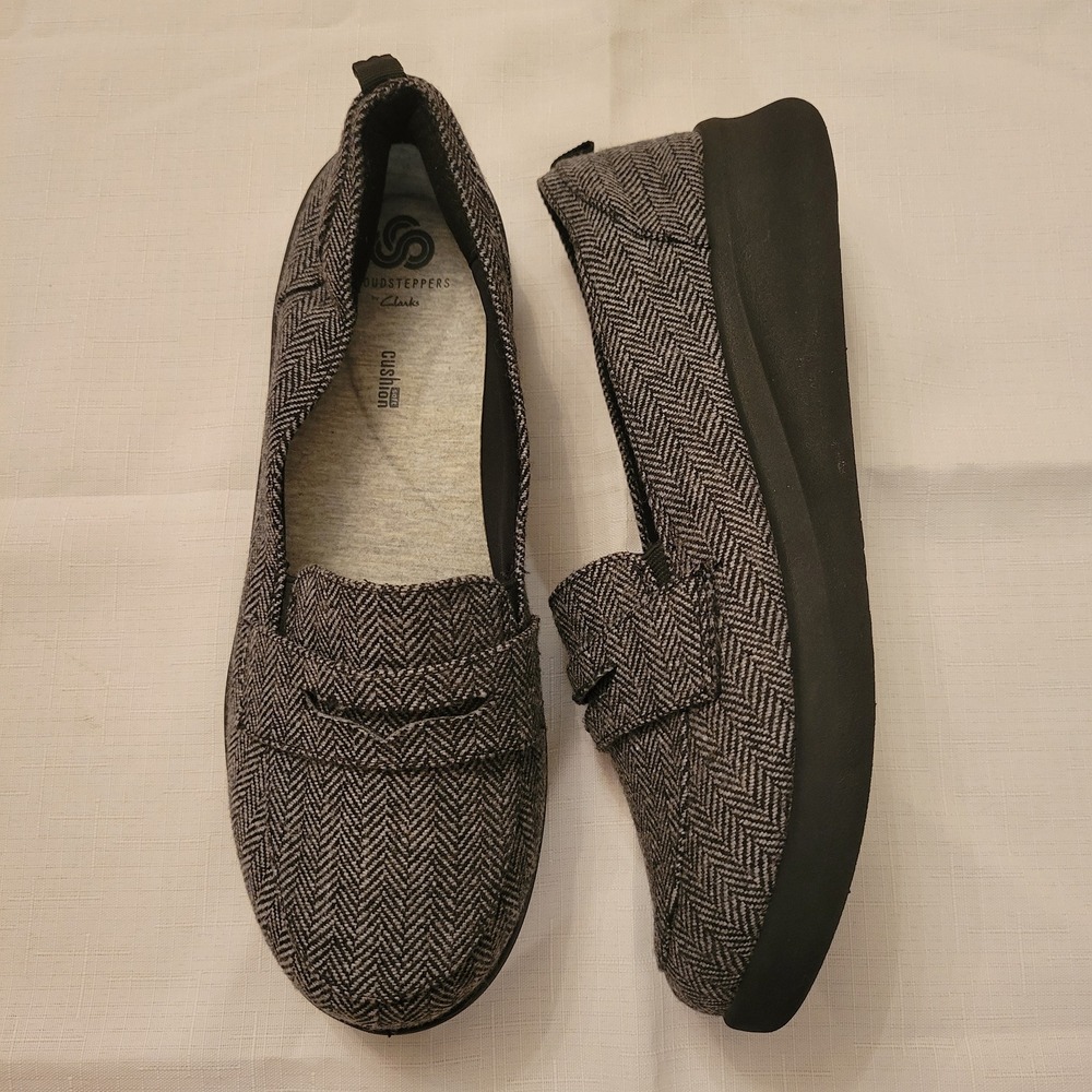 Clarks‎ 9W Penny Loafers Black White Herringbone Cloudsteppers Sillian Hope Twee